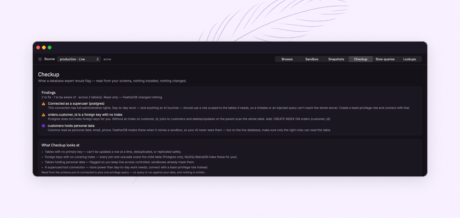 FeatherDB's Checkup screen: a superuser warning, a foreign key with no index, and a table holding personal data