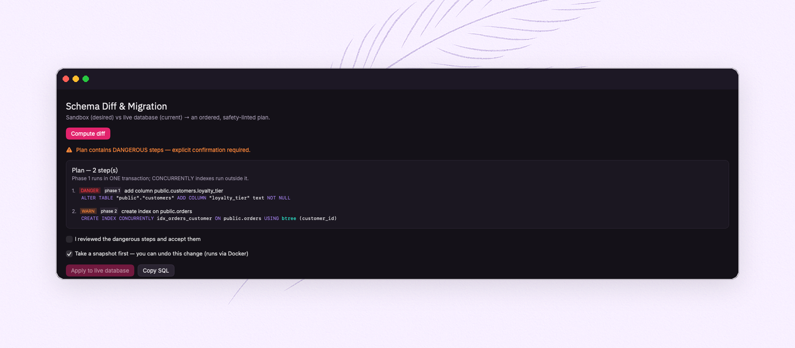 A FeatherDB migration plan: an ALTER TABLE graded DANGER and a CONCURRENTLY index graded WARN, behind a confirmation checkbox
