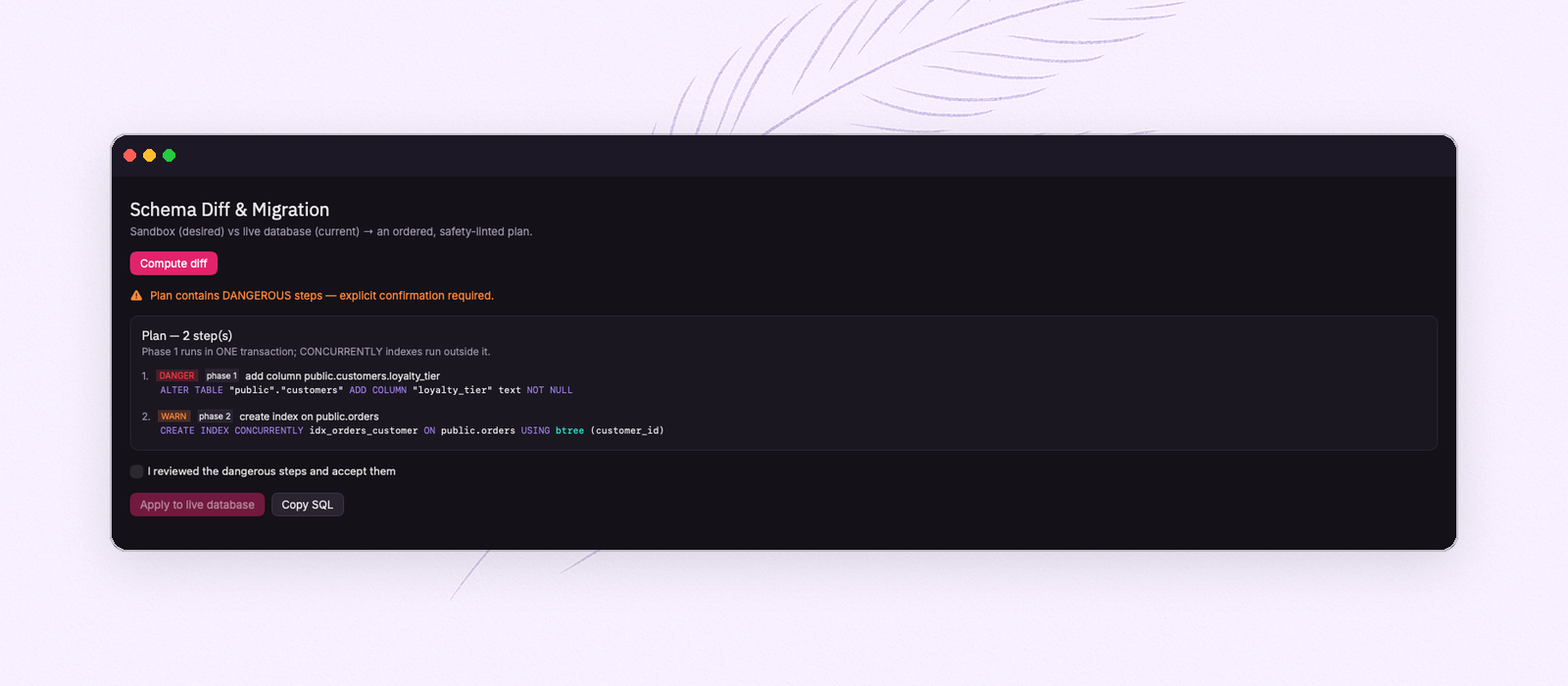 A FeatherDB migration plan: an ALTER TABLE graded DANGER and a CONCURRENTLY index graded WARN, behind a confirmation checkbox