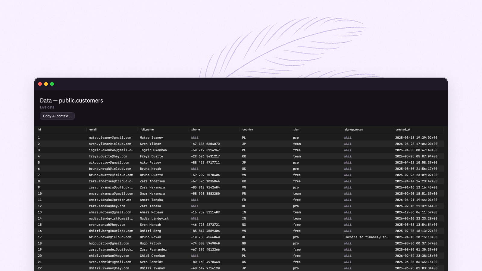 FeatherDB's data grid browsing a live customers table