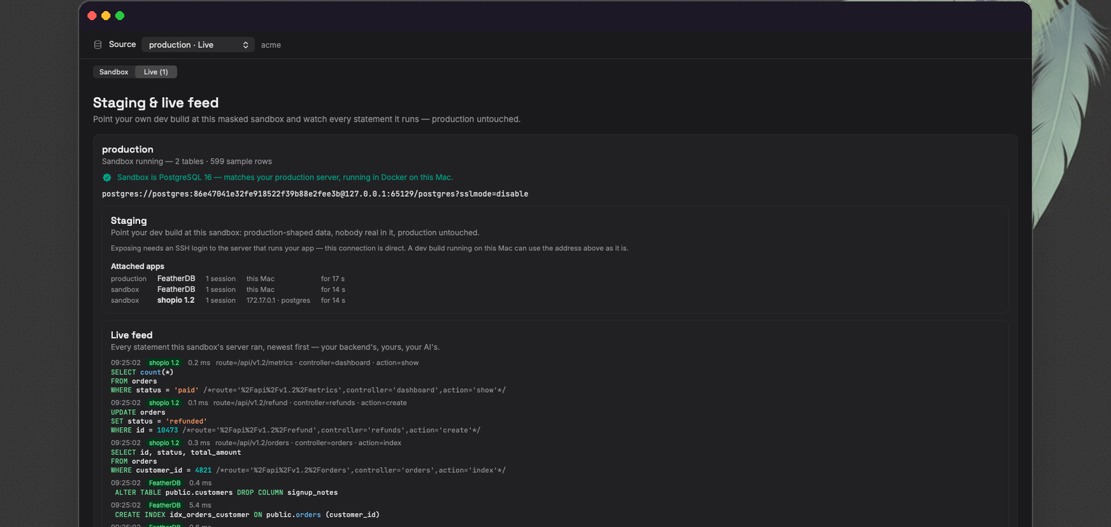 FeatherDB's Sandbox tab showing the Staging section: a backend named 'shopio 1.2' attached to the sandbox, and a live feed of the statements it just ran with their durations and request routes